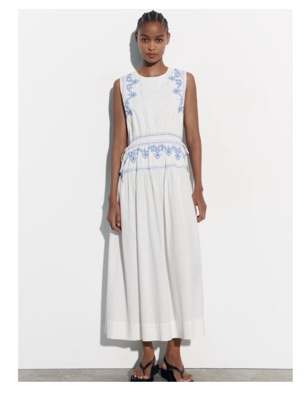 Zara Embroidered Midi Maxi Dress White Blue Cotton Embellished Boho S Small - Picture 11 of 15